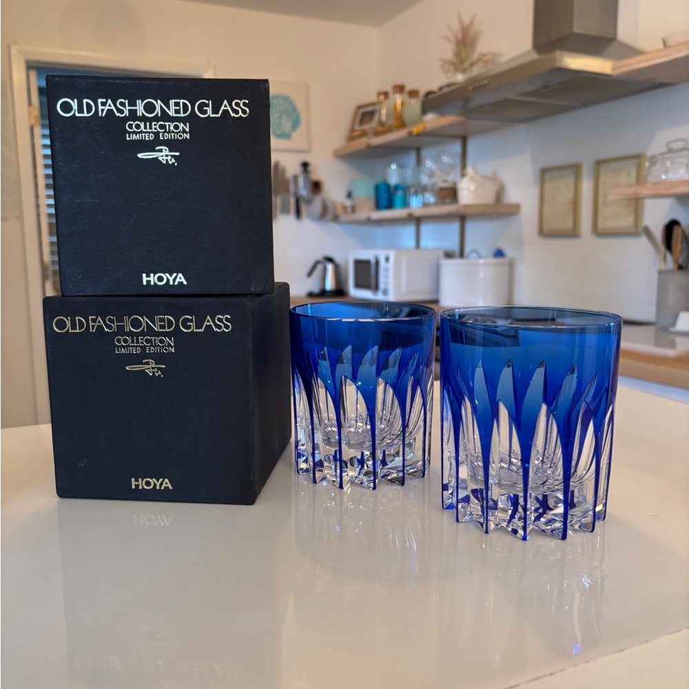 Hoya Saki Fumio Designed By Blue Coated Crystal Kiriko Rock Glasses set of 2